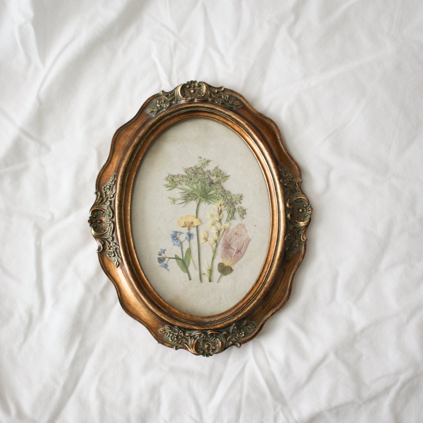 Oval frame with pressed wildflowers