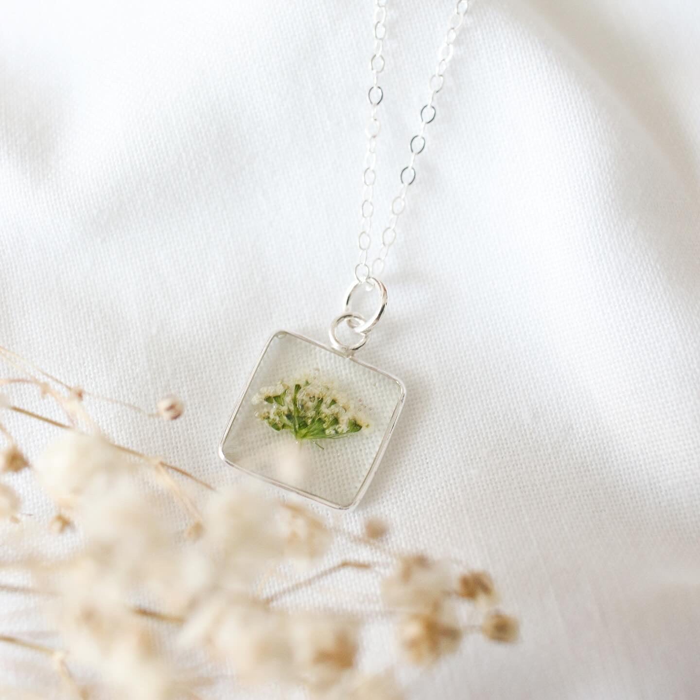 Silver Square Queen Anne's Lace Pendant