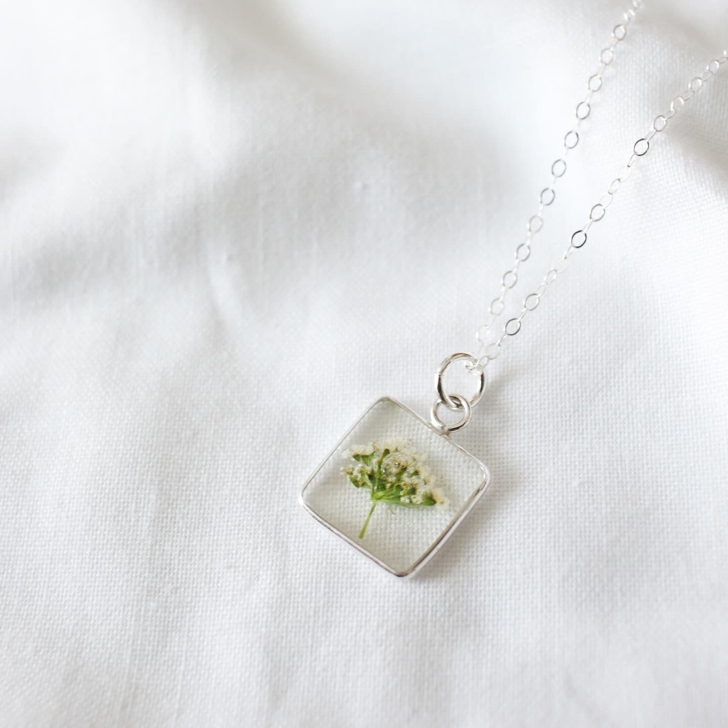 Silver Square Queen Anne's Lace Pendant