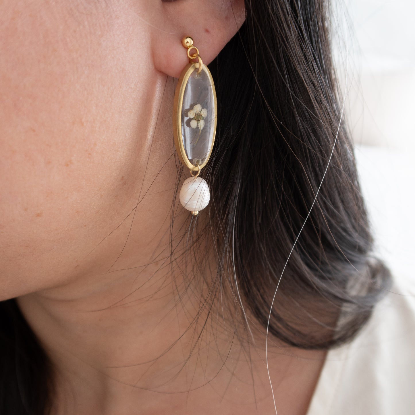 Pre Order White Flower Pearl Drop Stud Earrings
