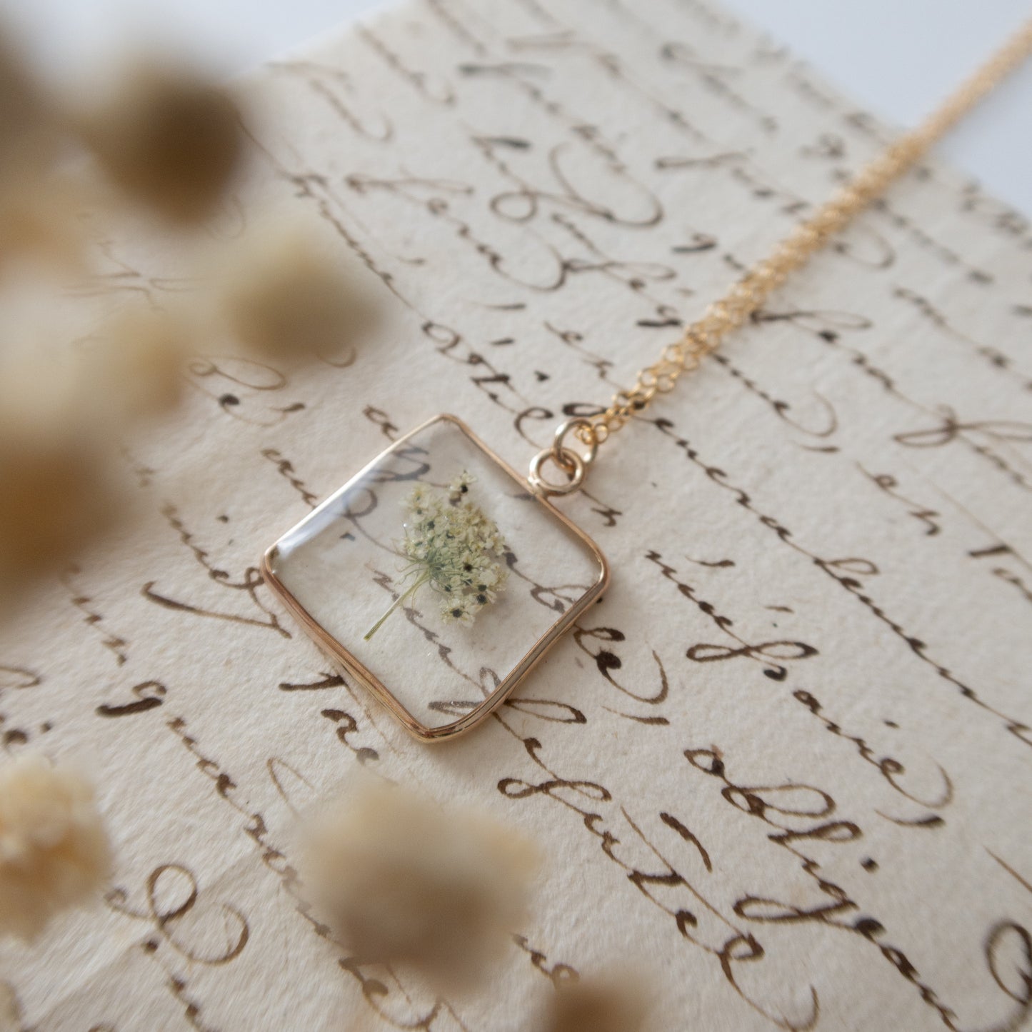 Simple Square Queen Anne's Lace Pendant