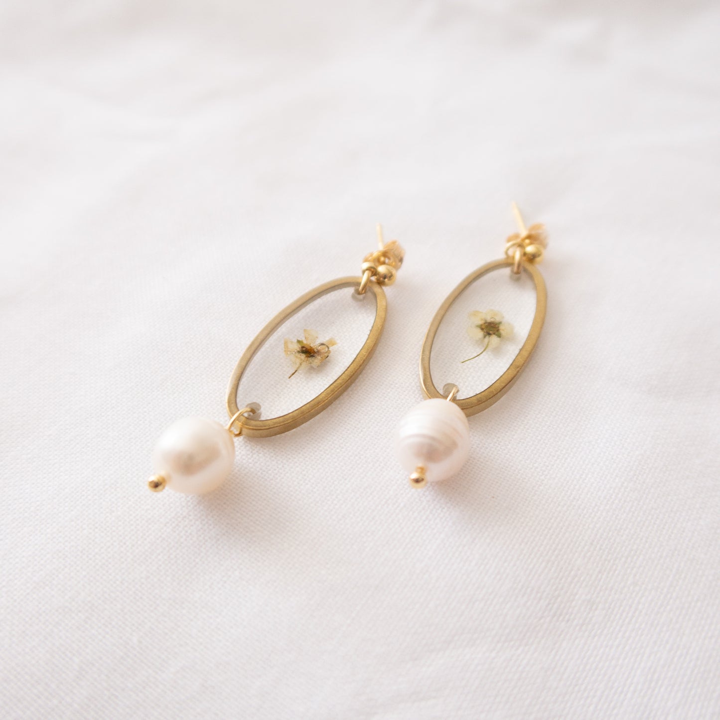 White Flower Pearl Drop Stud Earrings